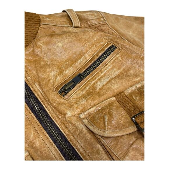 Vintage DA-NANG S Brown Distressed Leather Ribbed Knit Waistband Bomber Jacket - Picture 3 of 16
